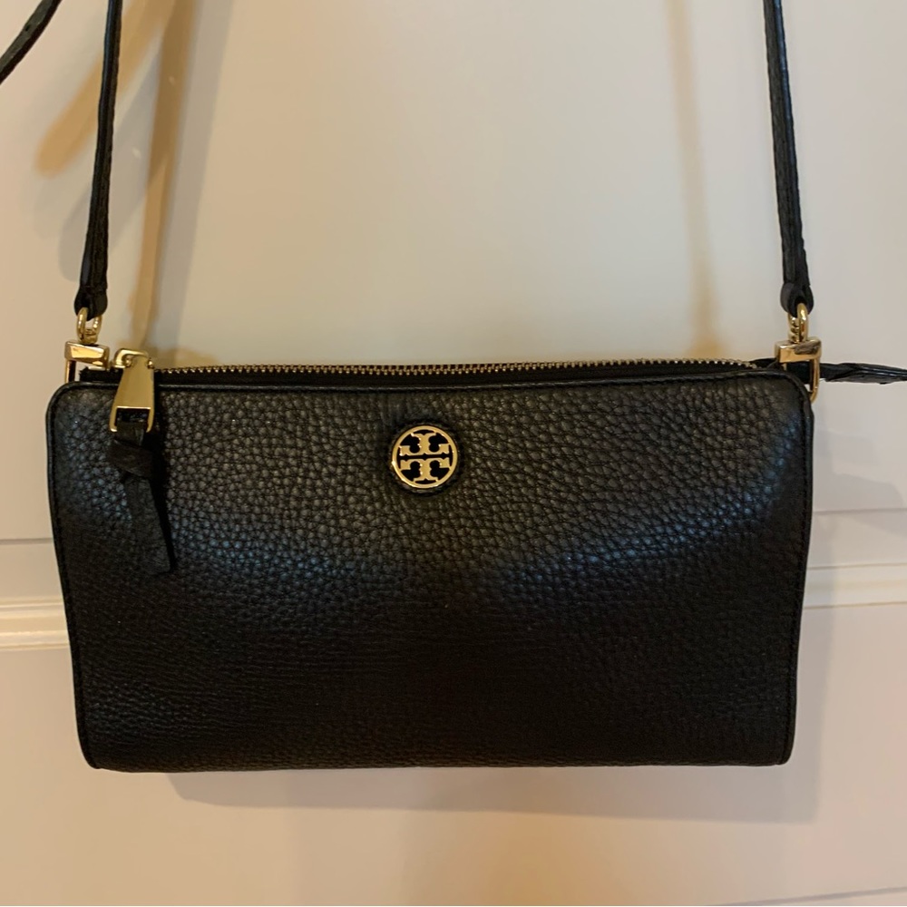 Tory Burch Black Pebbled Leather Zip Top Crossbody Bag